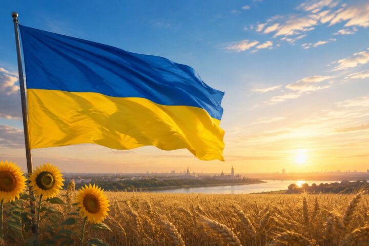 Ukrainian flag over a wheat field at sunrise on Ukraine Independence Day