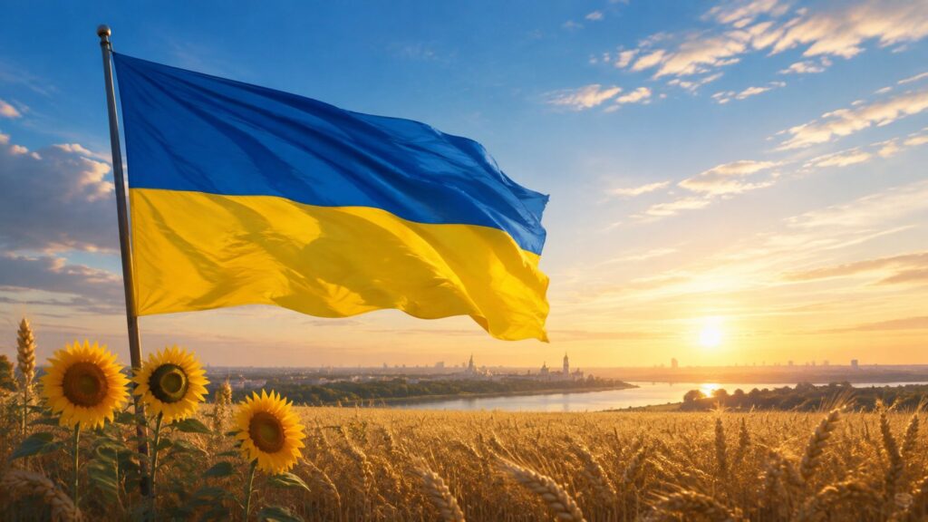 Украинский флаг над пшеничным полем на рассвете в День независимости Украины