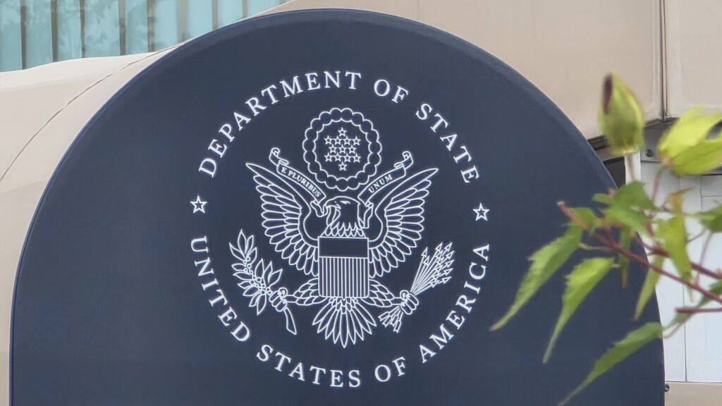 U.S. Department of State seal outside the Department’s headquarters in Washington