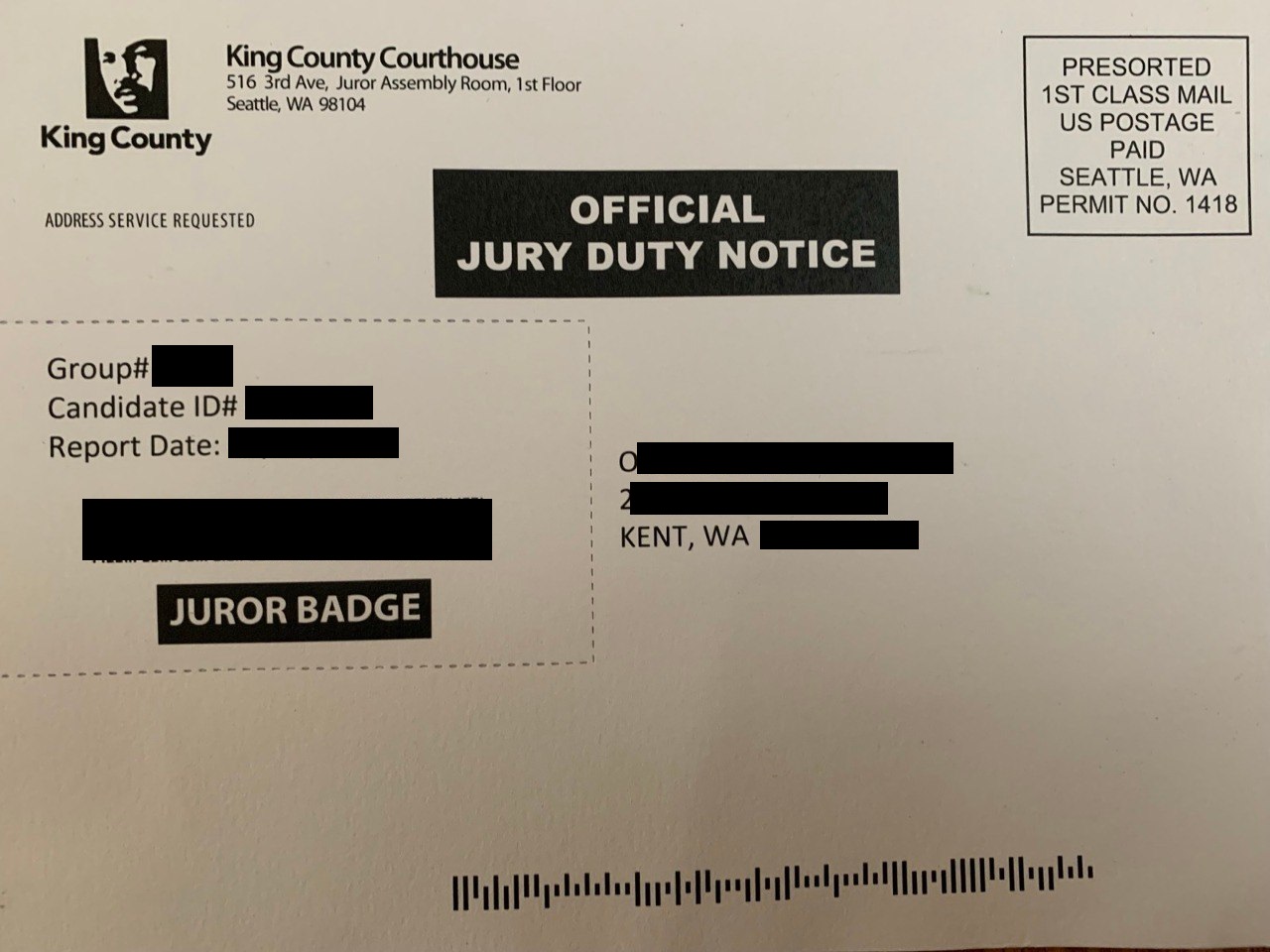 King County Washington jury duty summons