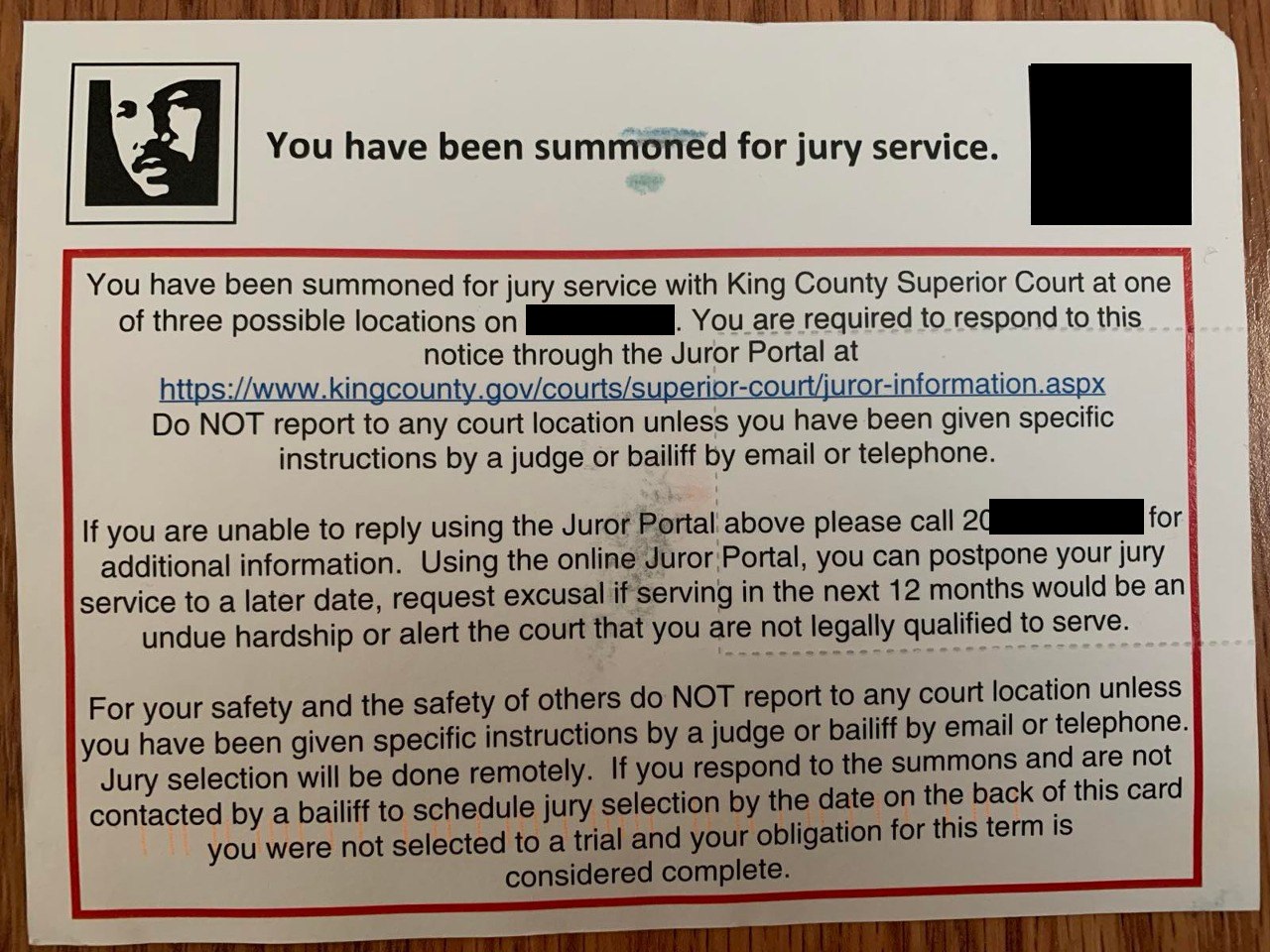 Instructions on a King County jury-service summons