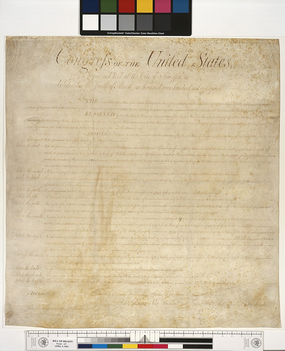 The original United States Bill of Rights from 1789